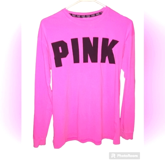 PINK VS Long Sleeve Crew neck Tee Shirt Pink with Black Logos - Picture 3 of 8